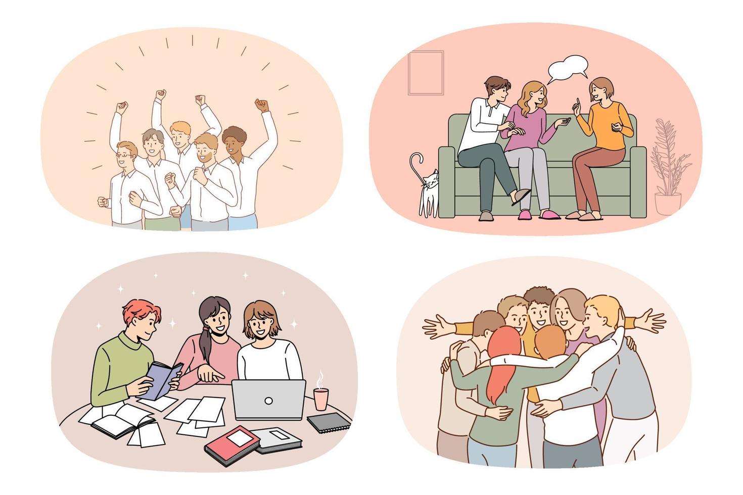 Collection of overjoyed millennial students have fun relax together. Set of smiling young people friends communicate enjoy leisure time study or learn on computer. Vector illustration.