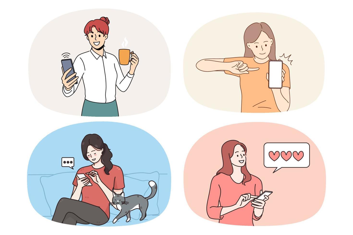 Set of smiling girls use cellphones communicate message online. Collection of young women hold smartphones text talk on internet on dating apps. Communication. Vector illustration.