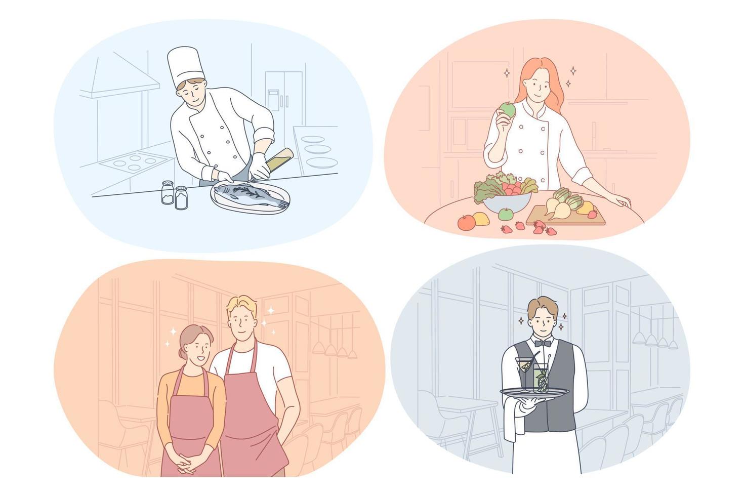 Restaurant worker, cook, chef, waiter, barista concept. Young positive men and women restaurant workers in uniform and aprons cooking, serving food and drinks, waiting for guests during working day vector