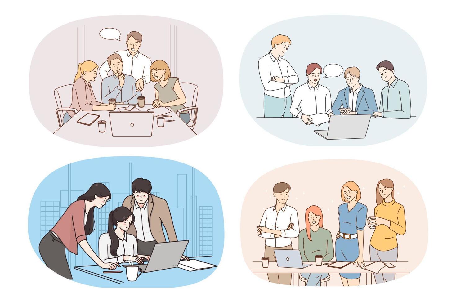 Set of businesspeople work together on computer discuss startup project. Collection of employees or colleagues brainstorm collaborate on laptop. Teamwork. Flat vector illustration.
