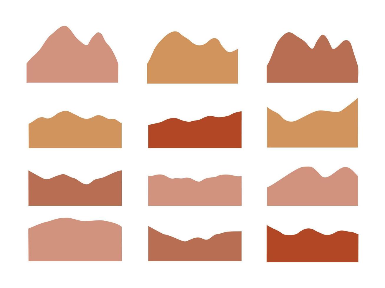 Natural landscapes creator mid century modern style. Vector mountains and hills set earth tones flat style