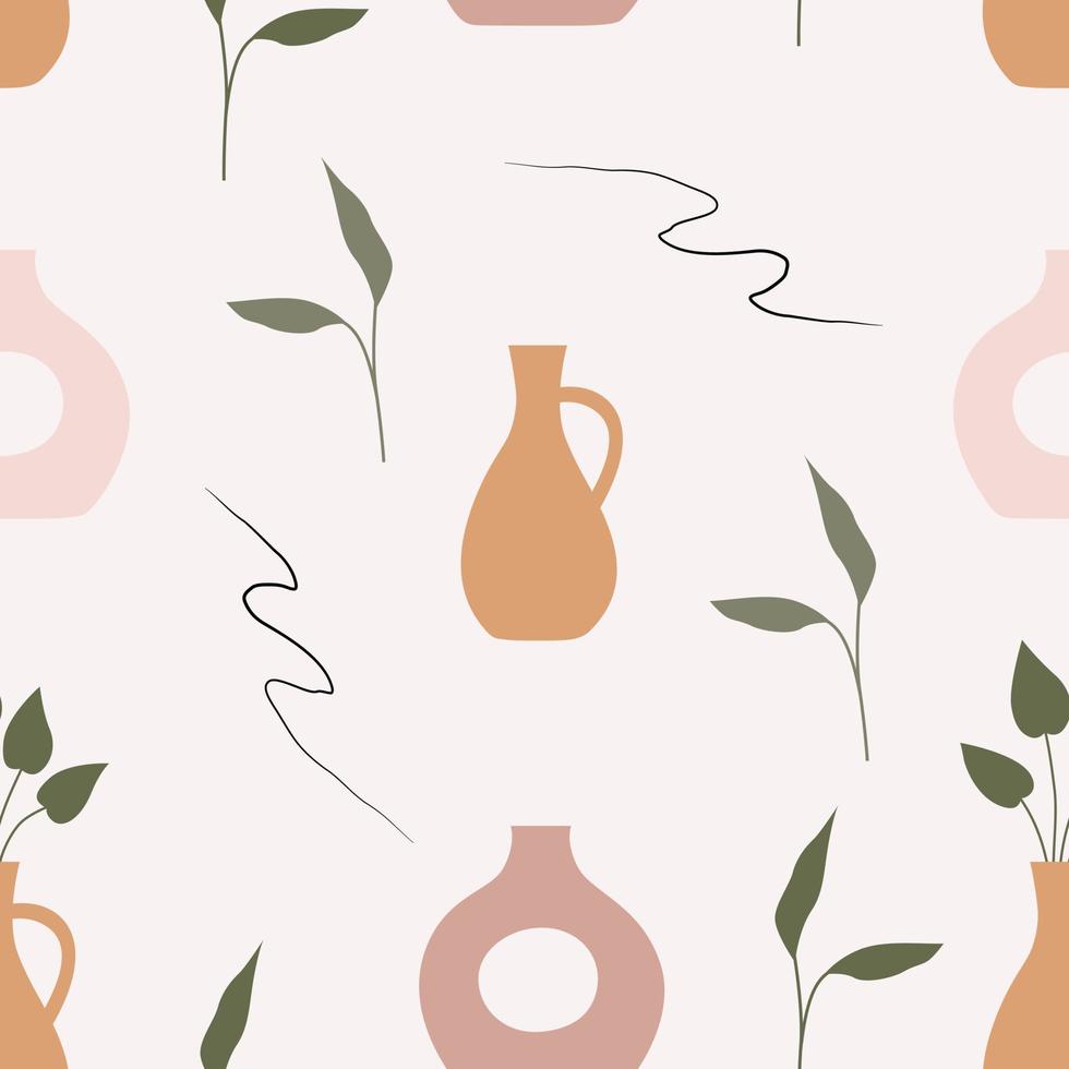 White Mid Century modern seamless pattern with vases, plants and organic lines. Neutral background in a flat aesthetic style vector