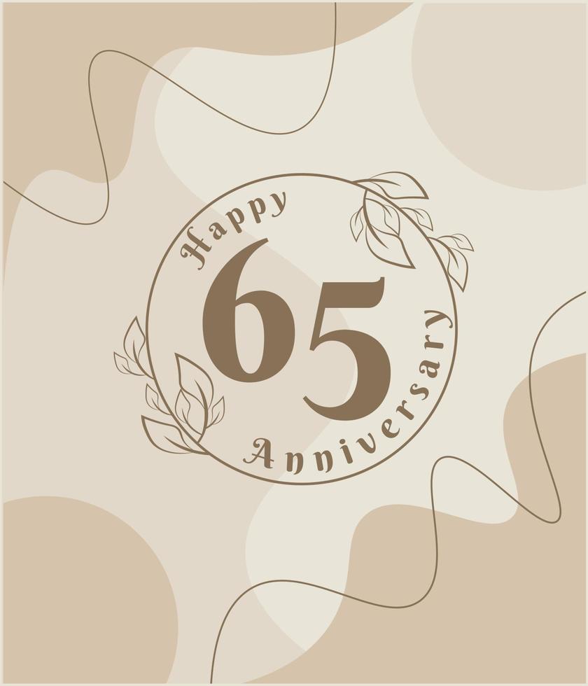 65 años de aniversario, logotipo minimalista. ilustración de vector marrón en diseño de plantilla de follaje minimalista, dibujo de tinta de arte de línea de hojas con fondo vintage abstracto.