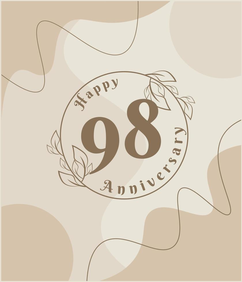 Aniversario de 98 años, logotipo minimalista. ilustración de vector marrón en diseño de plantilla de follaje minimalista, dibujo de tinta de arte de línea de hojas con fondo vintage abstracto.