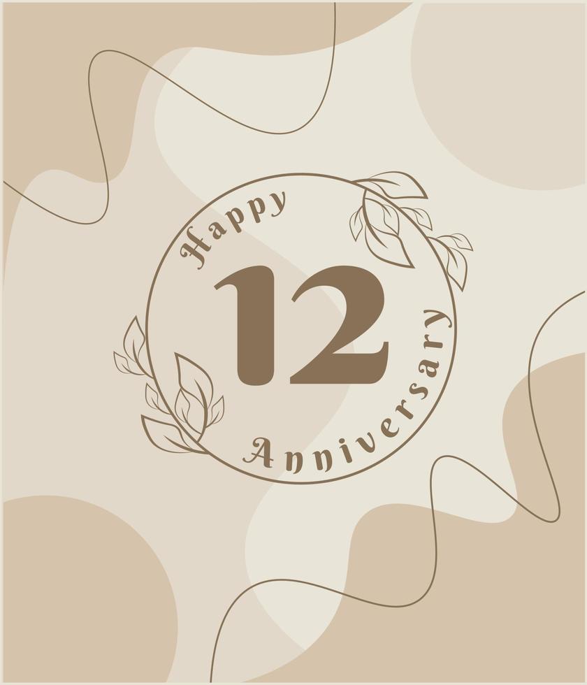 Aniversario de 12 años, logotipo minimalista. ilustración de vector marrón en diseño de plantilla de follaje minimalista, dibujo de tinta de arte de línea de hojas con fondo vintage abstracto.