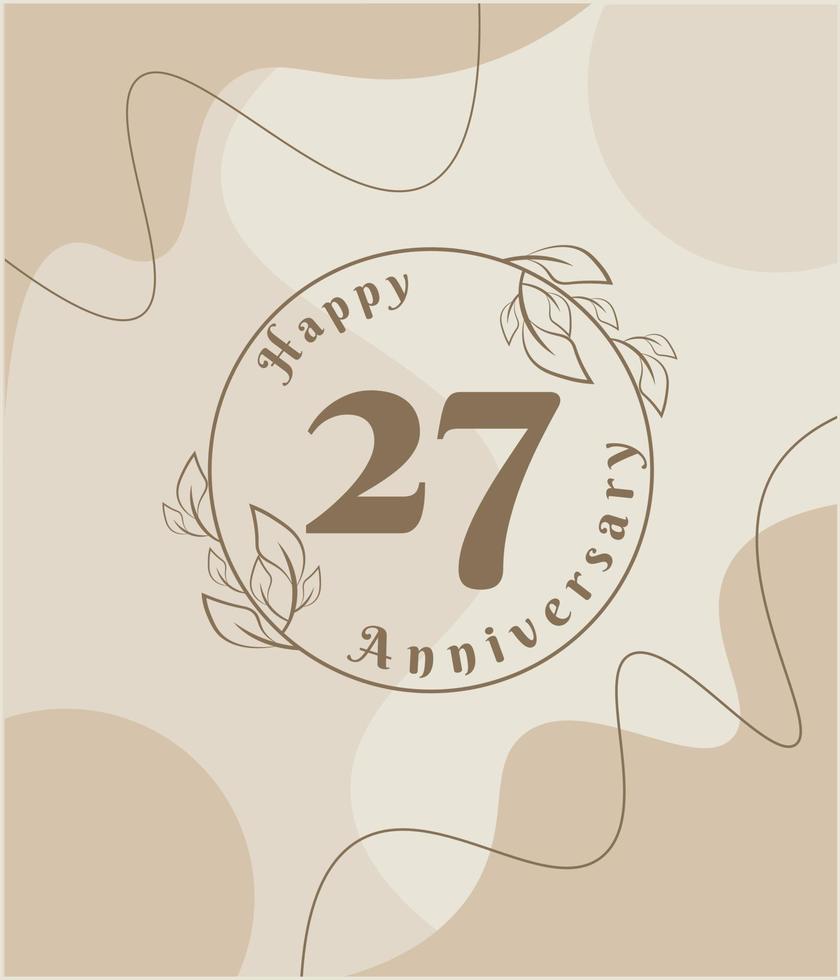 27 años de aniversario, logotipo minimalista. ilustración de vector marrón en diseño de plantilla de follaje minimalista, dibujo de tinta de arte de línea de hojas con fondo vintage abstracto.
