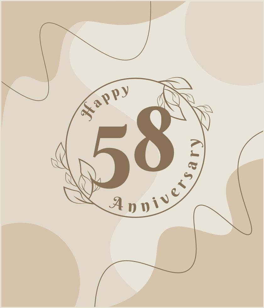 58 años de aniversario, logotipo minimalista. ilustración de vector marrón en diseño de plantilla de follaje minimalista, dibujo de tinta de arte de línea de hojas con fondo vintage abstracto.