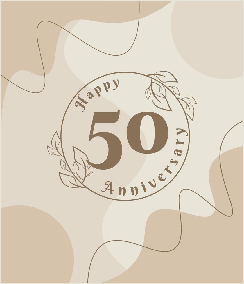 50 year anniversary, minimalist logo. brown vector illustration on Minimalist foliage template design, leaves line art ink drawing with abstract vintage background.