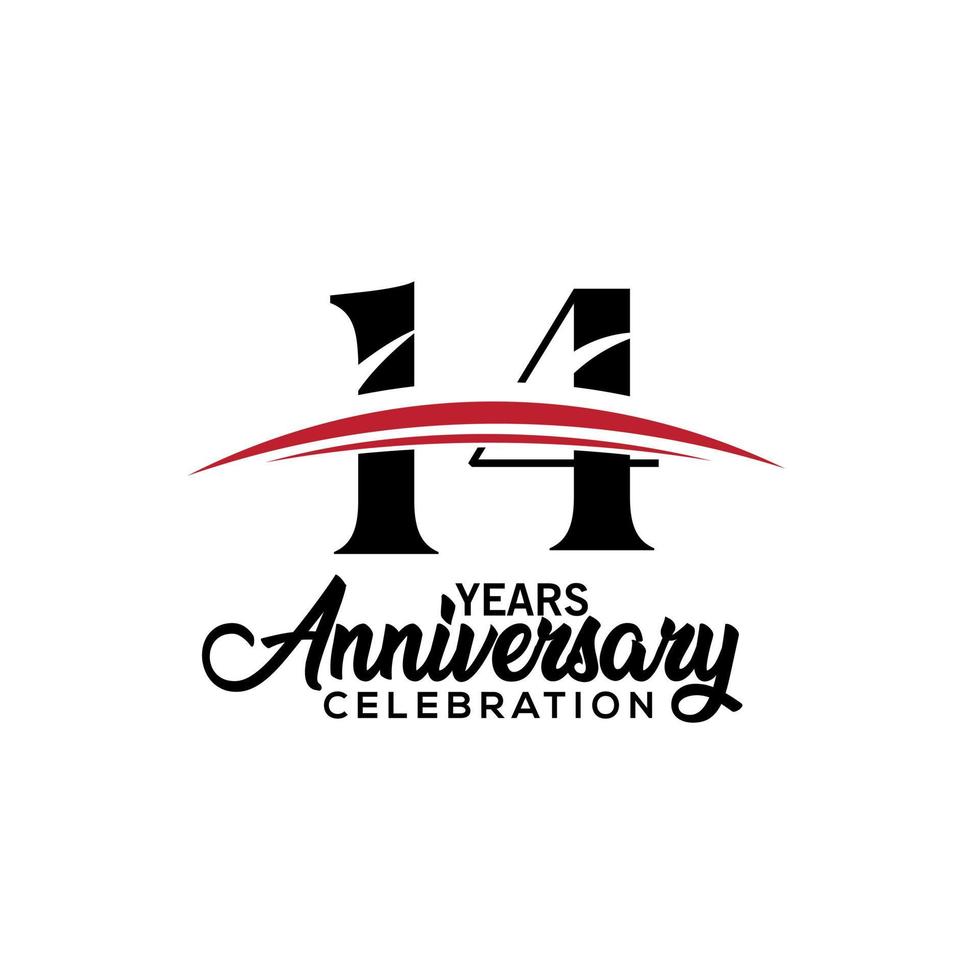 Plantilla de diseño de celebración del 14º aniversario para folleto con color rojo y negro, folleto, revista, cartel de folleto, web, invitación o tarjeta de felicitación. ilustración vectorial vector
