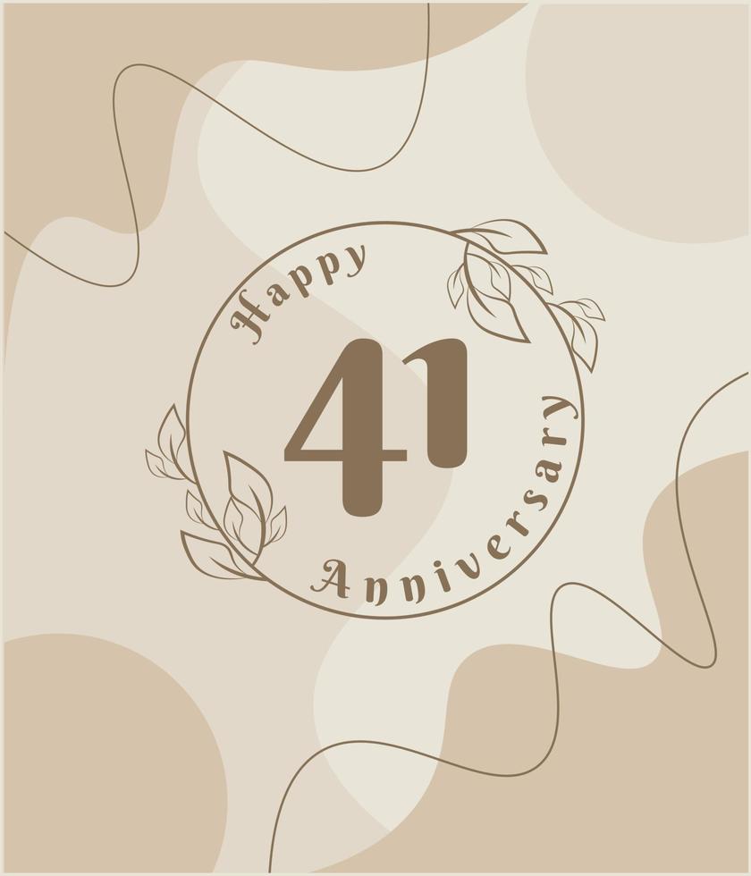 41 year anniversary, minimalist logo. brown vector illustration on Minimalist foliage template design, leaves line art ink drawing with abstract vintage background.