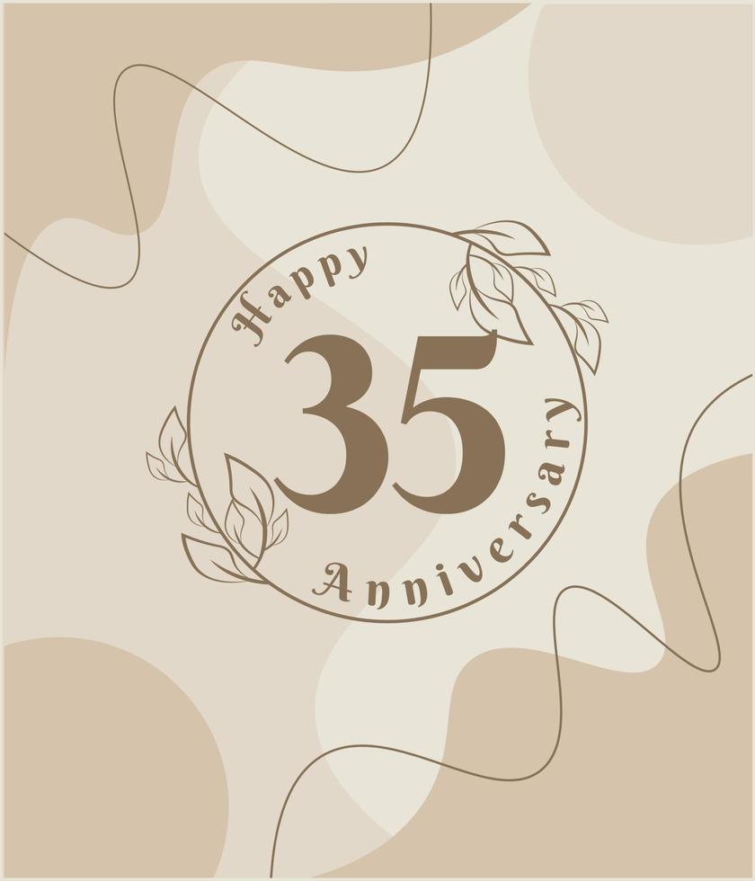 35 años de aniversario, logotipo minimalista. ilustración de vector marrón en diseño de plantilla de follaje minimalista, dibujo de tinta de arte de línea de hojas con fondo vintage abstracto.