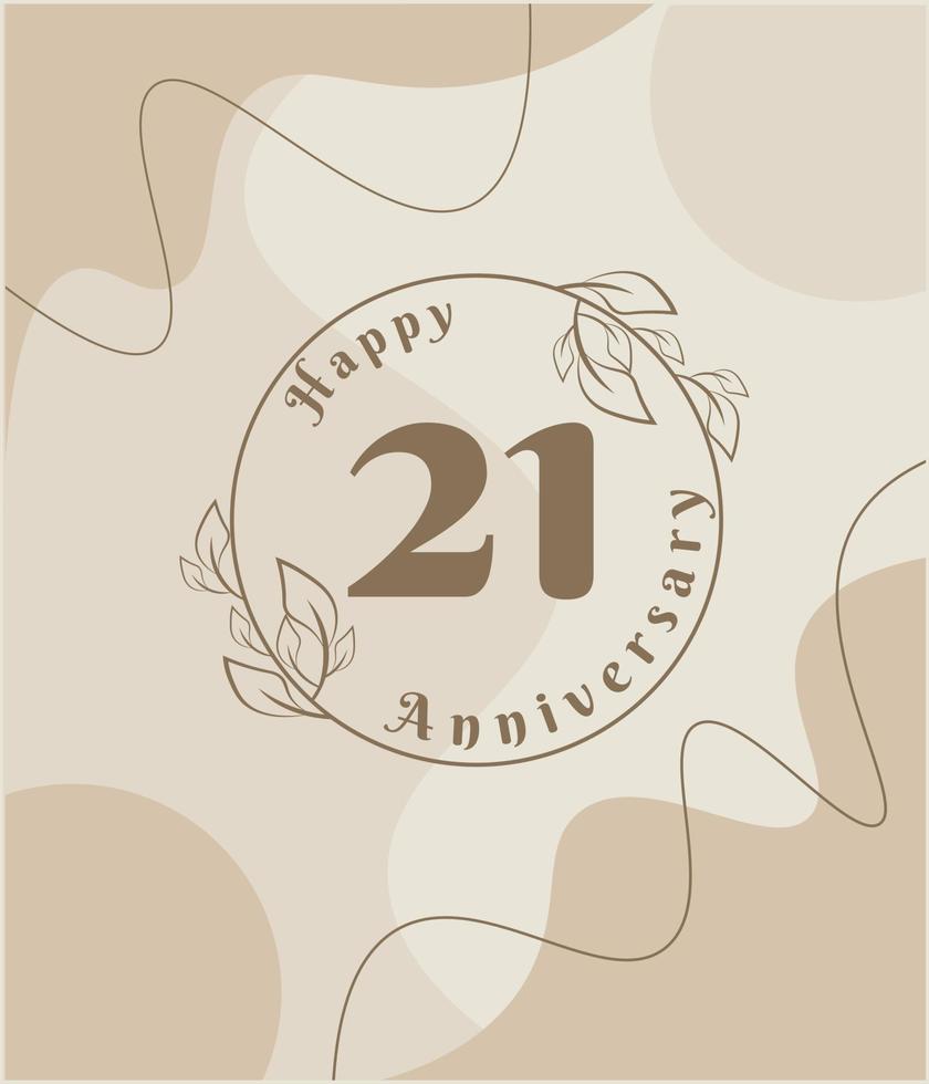 21st  year anniversary, minimalist logo. brown vector illustration on Minimalist foliage template design, leaves line art ink drawing with abstract vintage background.