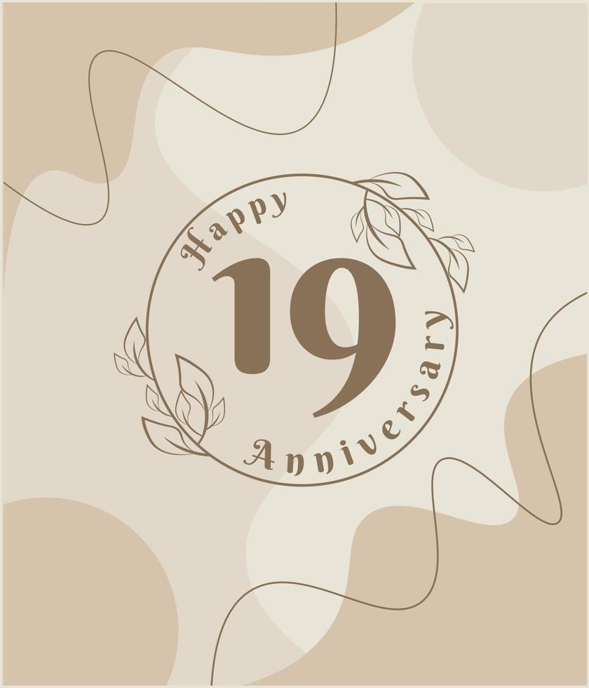 19 year anniversary, minimalist logo. brown vector illustration on Minimalist foliage template design, leaves line art ink drawing with abstract vintage background.