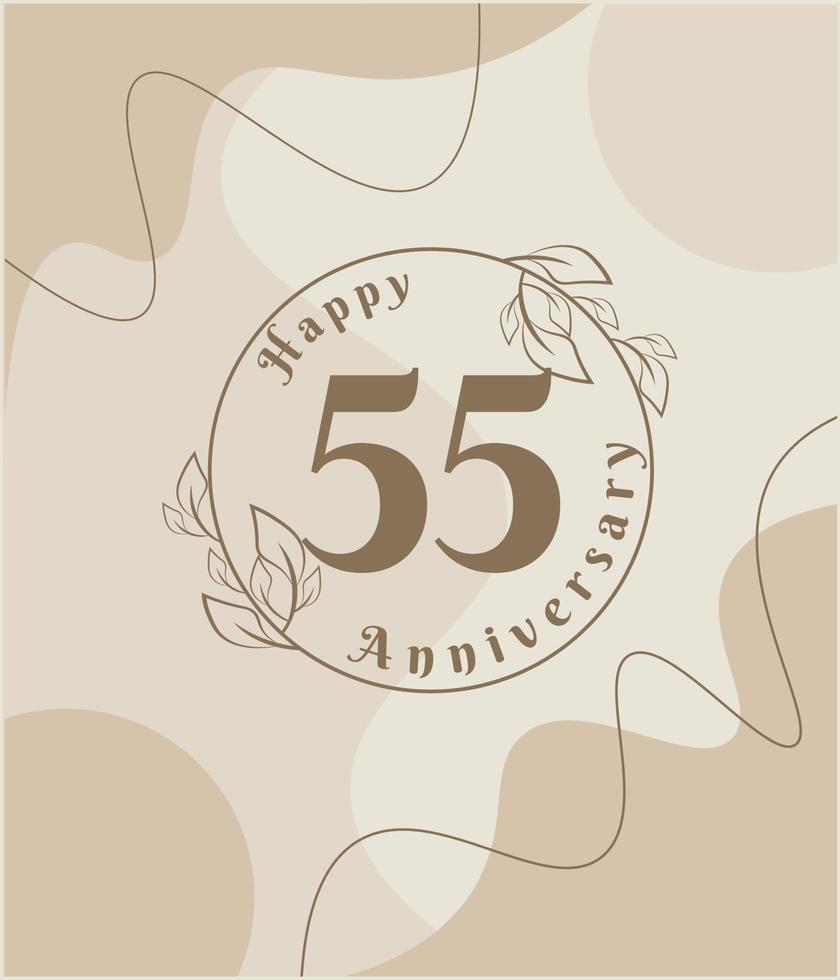 55 year anniversary, minimalist logo. brown vector illustration on Minimalist foliage template design, leaves line art ink drawing with abstract vintage background.