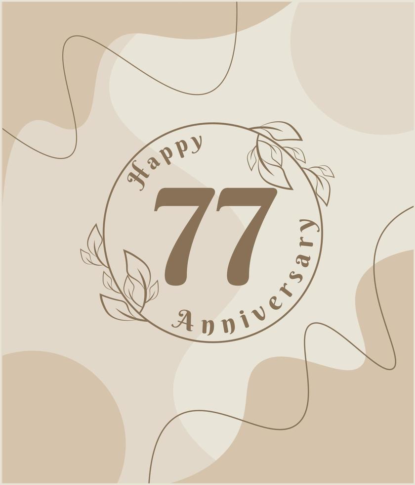 77 años de aniversario, logotipo minimalista. ilustración de vector marrón en diseño de plantilla de follaje minimalista, dibujo de tinta de arte de línea de hojas con fondo vintage abstracto.