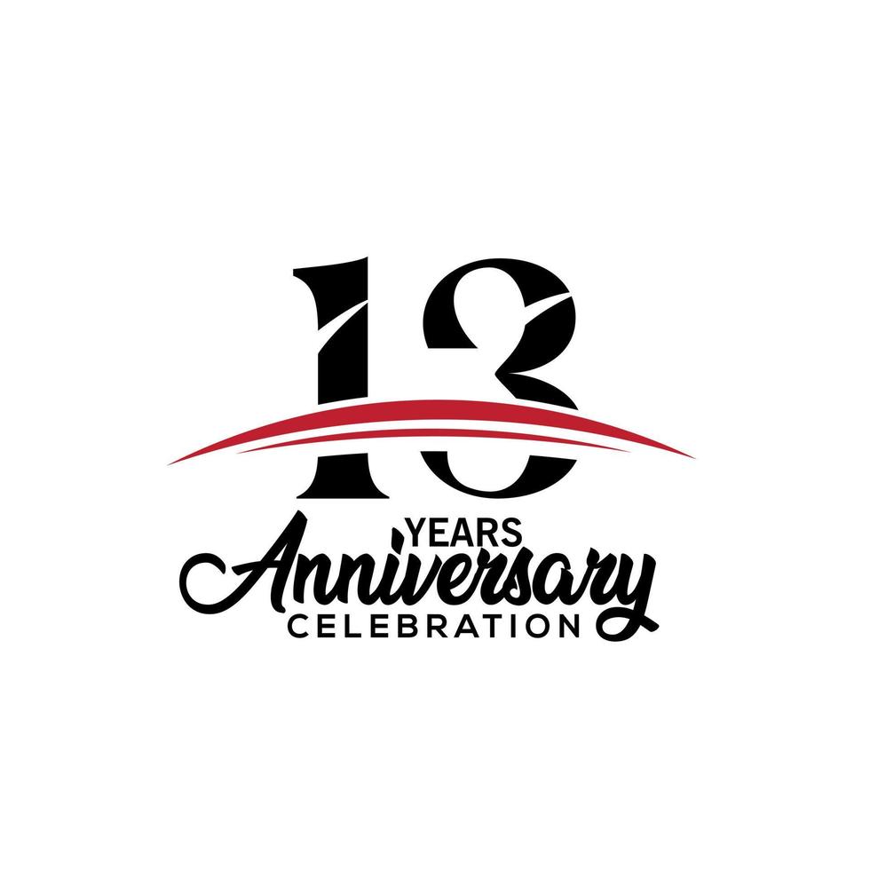 Plantilla de diseño de celebración del 13º aniversario para folleto con color rojo y negro, folleto, revista, cartel de folleto, web, invitación o tarjeta de felicitación. ilustración vectorial vector