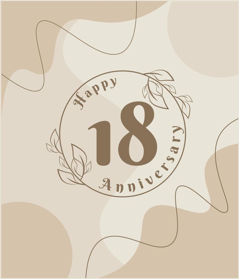 18 años de aniversario, logotipo minimalista. ilustración de vector marrón en diseño de plantilla de follaje minimalista, dibujo de tinta de arte de línea de hojas con fondo vintage abstracto.