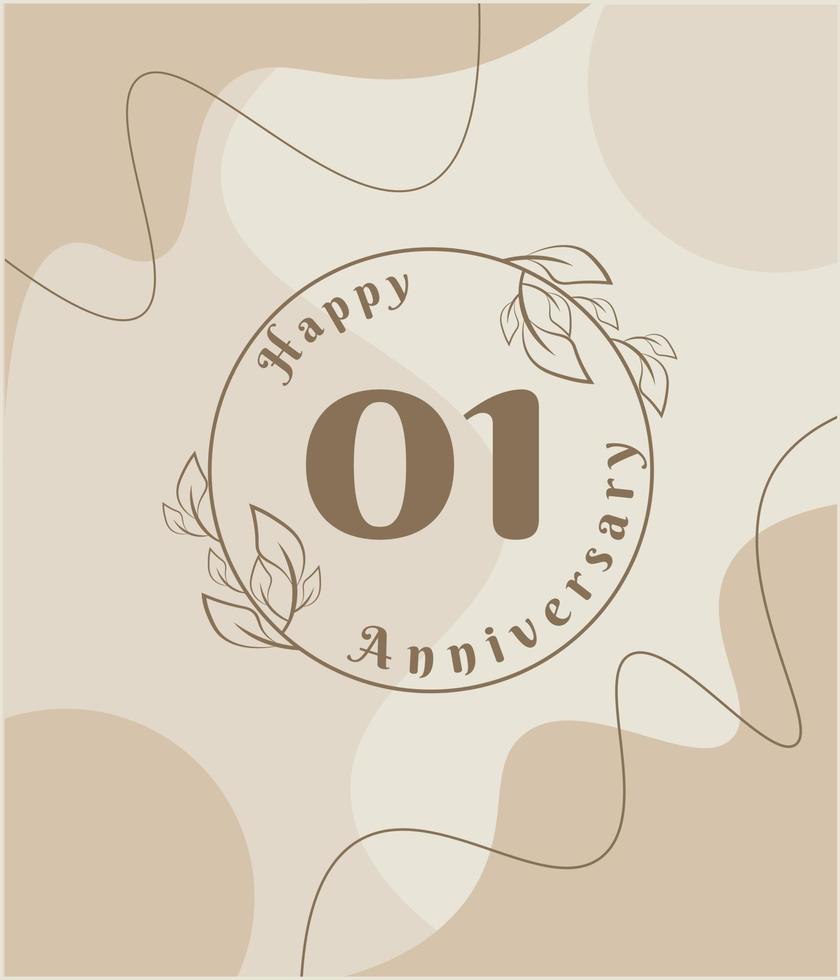 01 year anniversary, minimalist logo. brown vector illustration on Minimalist foliage template design, leaves line art ink drawing with abstract vintage background.