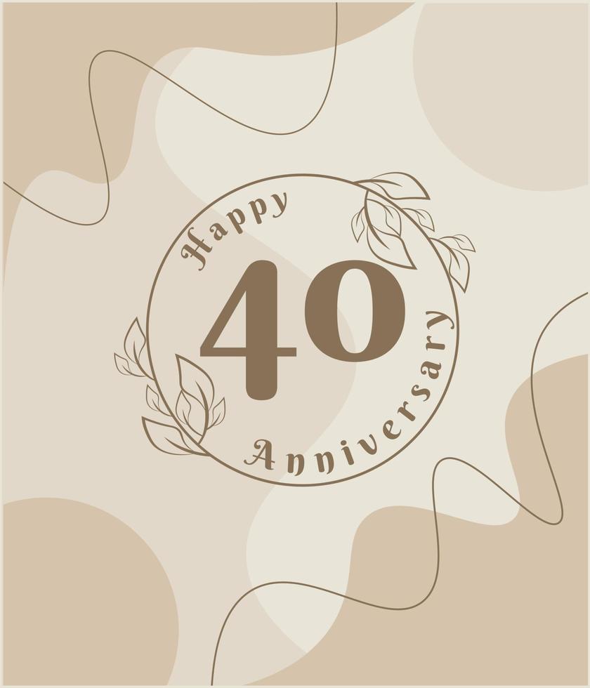 40 años de aniversario, logotipo minimalista. ilustración de vector marrón en diseño de plantilla de follaje minimalista, dibujo de tinta de arte de línea de hojas con fondo vintage abstracto.