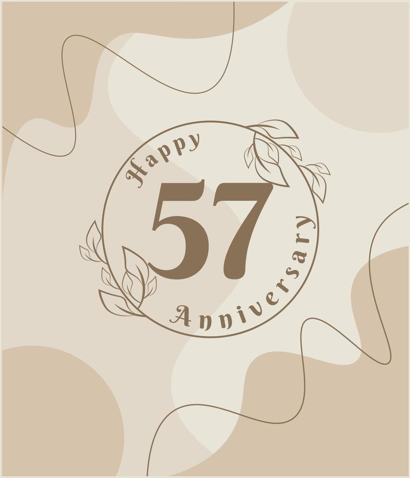 57 años de aniversario, logotipo minimalista. ilustración de vector marrón en diseño de plantilla de follaje minimalista, dibujo de tinta de arte de línea de hojas con fondo vintage abstracto.
