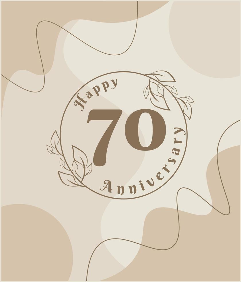 70 year anniversary, minimalist logo. brown vector illustration on Minimalist foliage template design, leaves line art ink drawing with abstract vintage background.