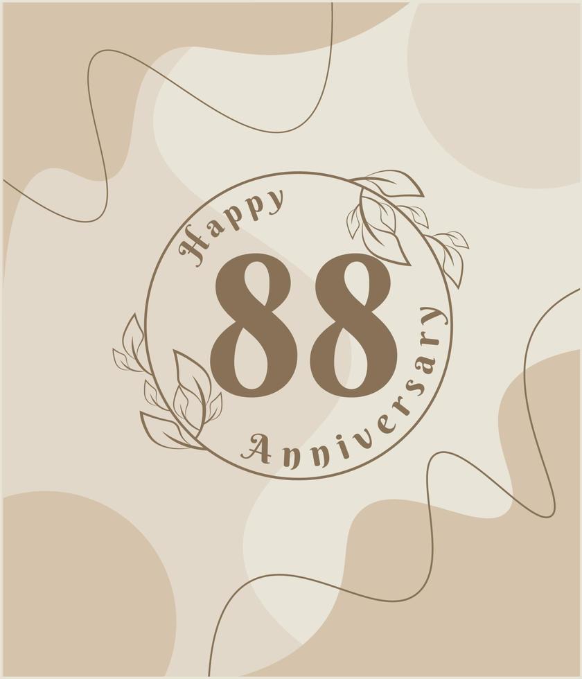 Aniversario de 88 años, logotipo minimalista. ilustración de vector marrón en diseño de plantilla de follaje minimalista, dibujo de tinta de arte de línea de hojas con fondo vintage abstracto.