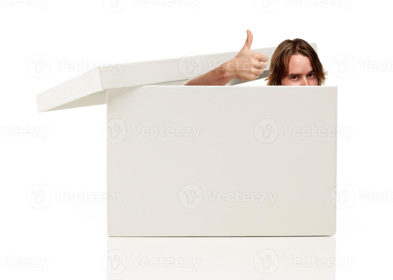 Mans Head and Thumbs Up Pops from Blank White Box photo