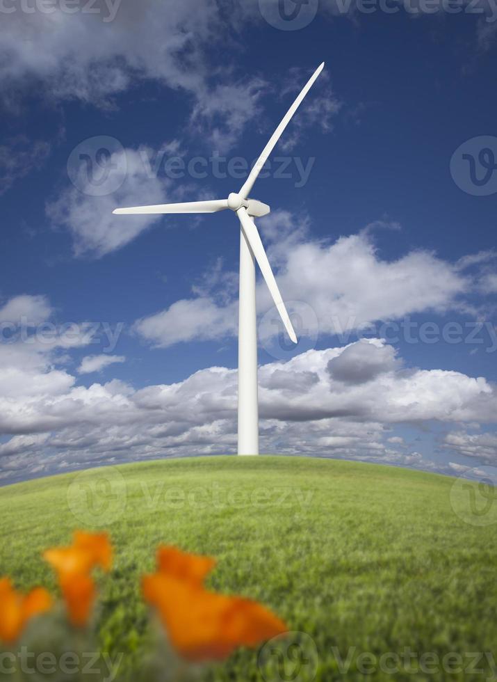 Wind Turbine Against Dramatic Sky and California Poppies photo