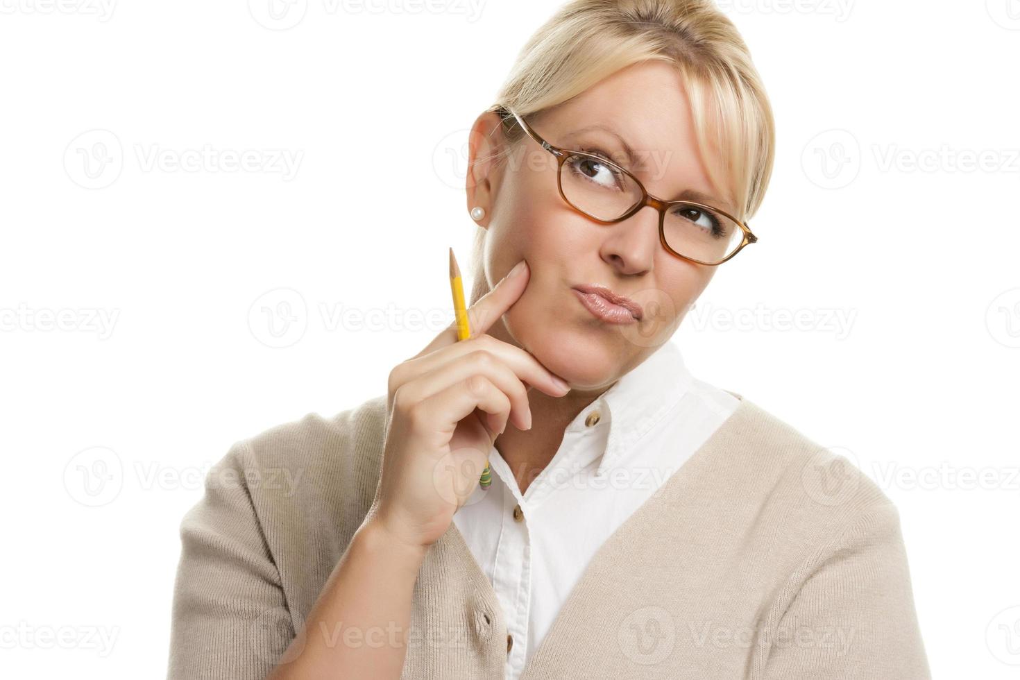 Thinking Woman with Pencil Looking Up and to the Left photo