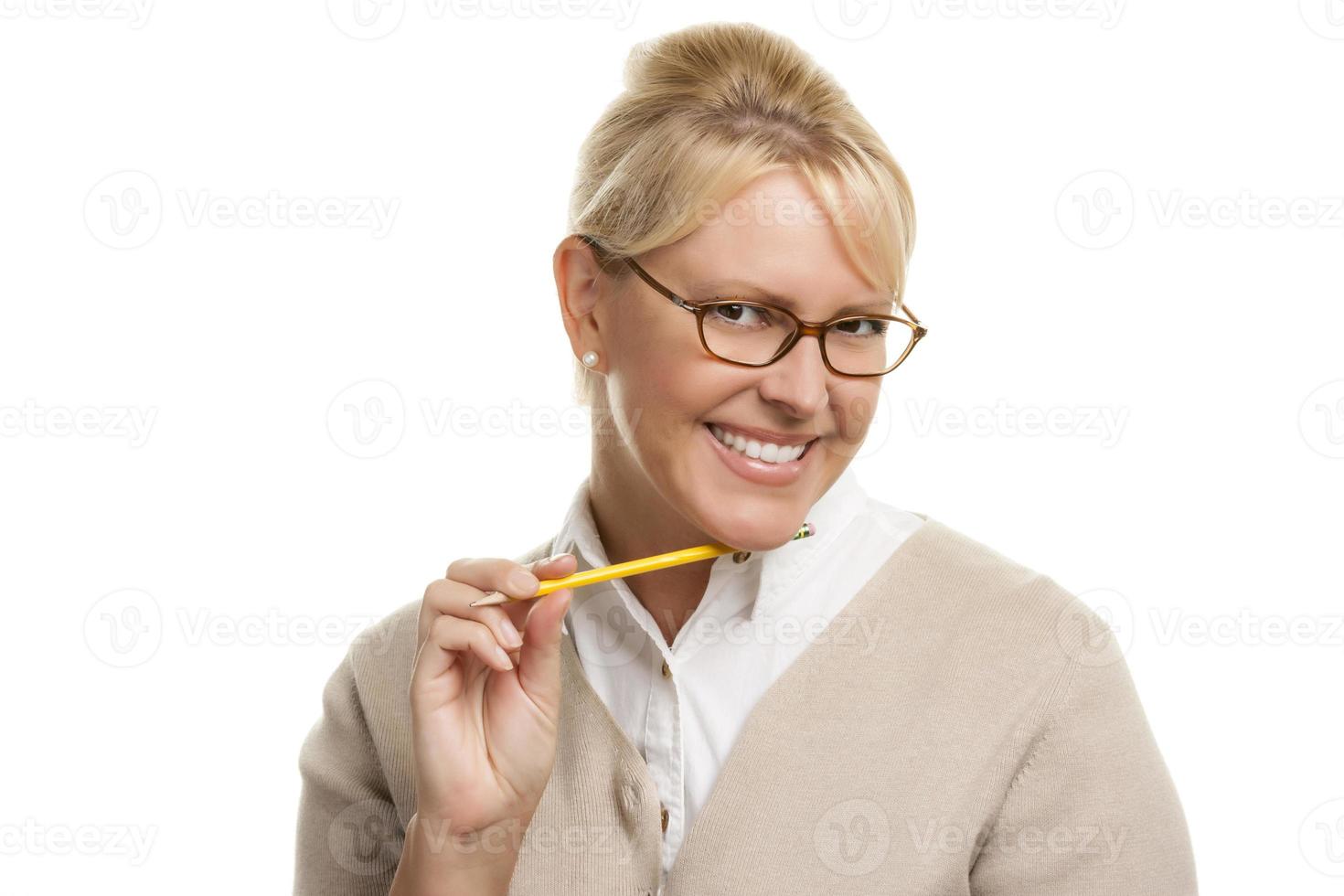 Beautiful Woman with Pencil On White photo