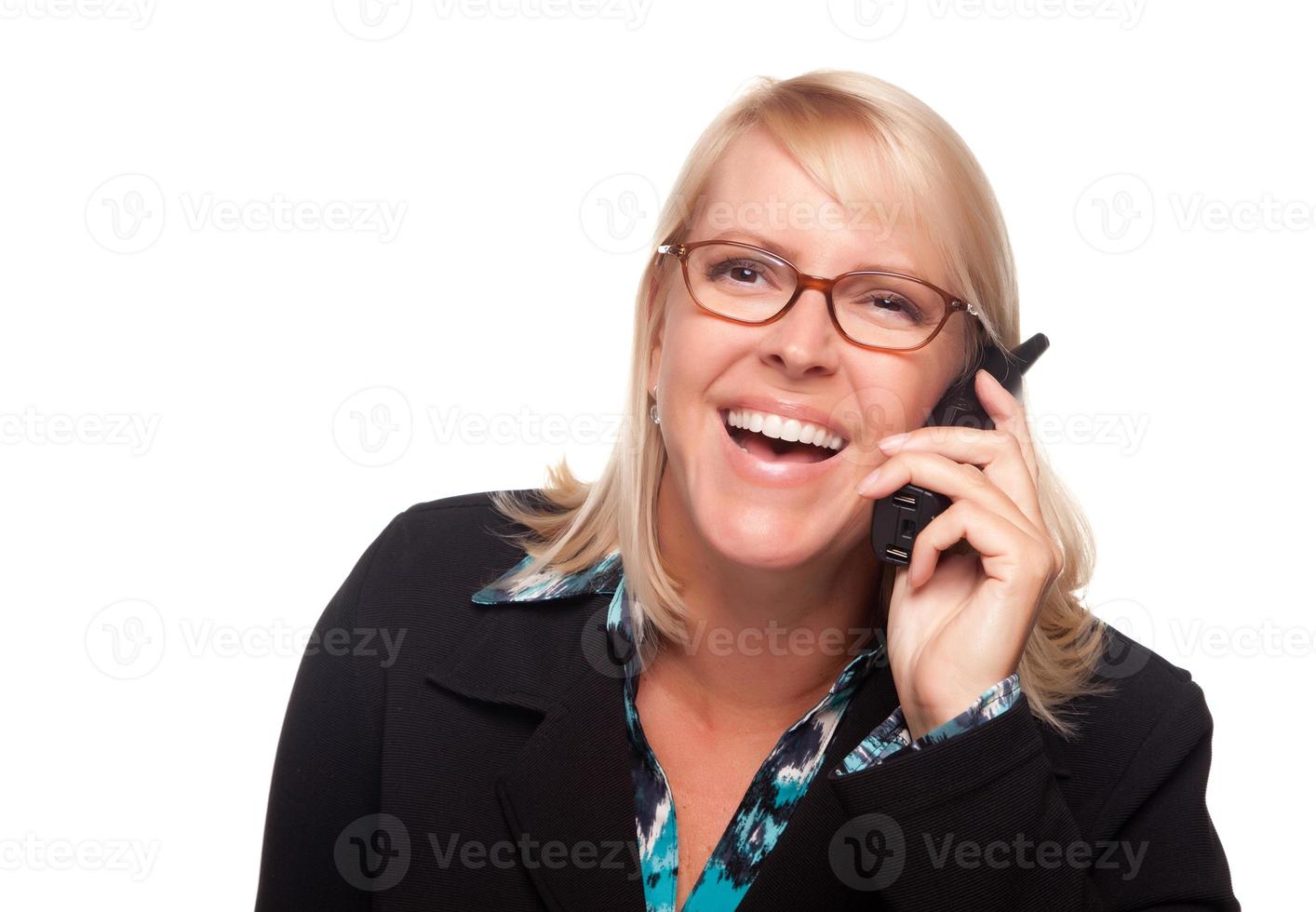 Attractive Blonde Woman Using Phone Laughing photo