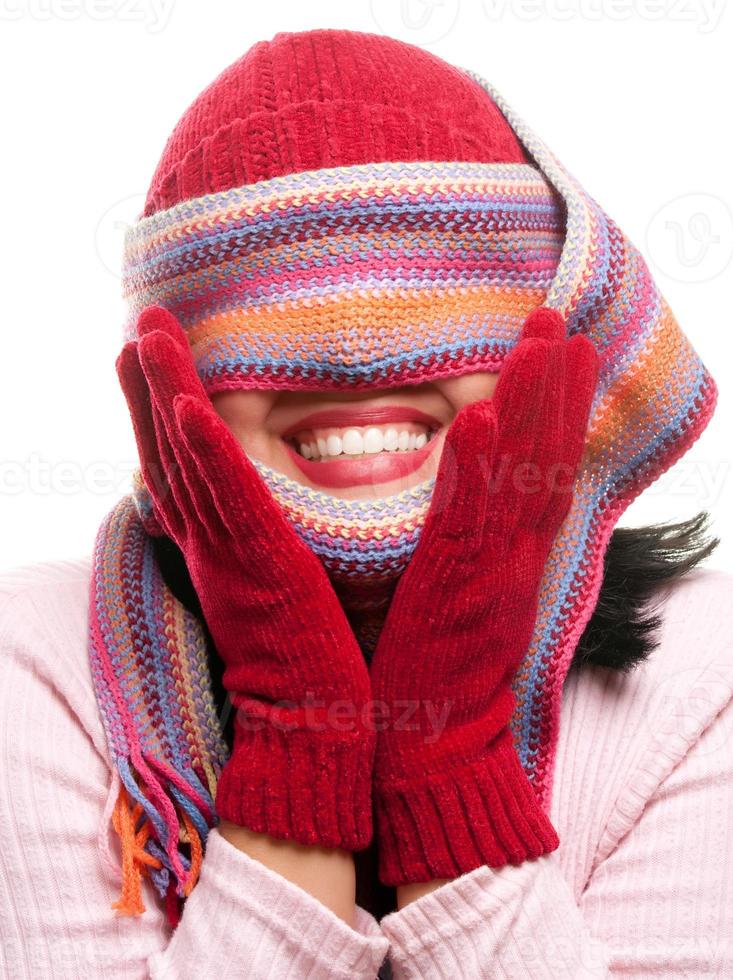 Attractive Woman With Colorful Scarf Over Eyes photo