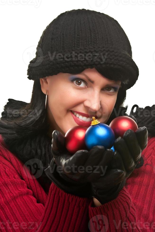 Attractive Woman Holding Christmas Ornaments photo