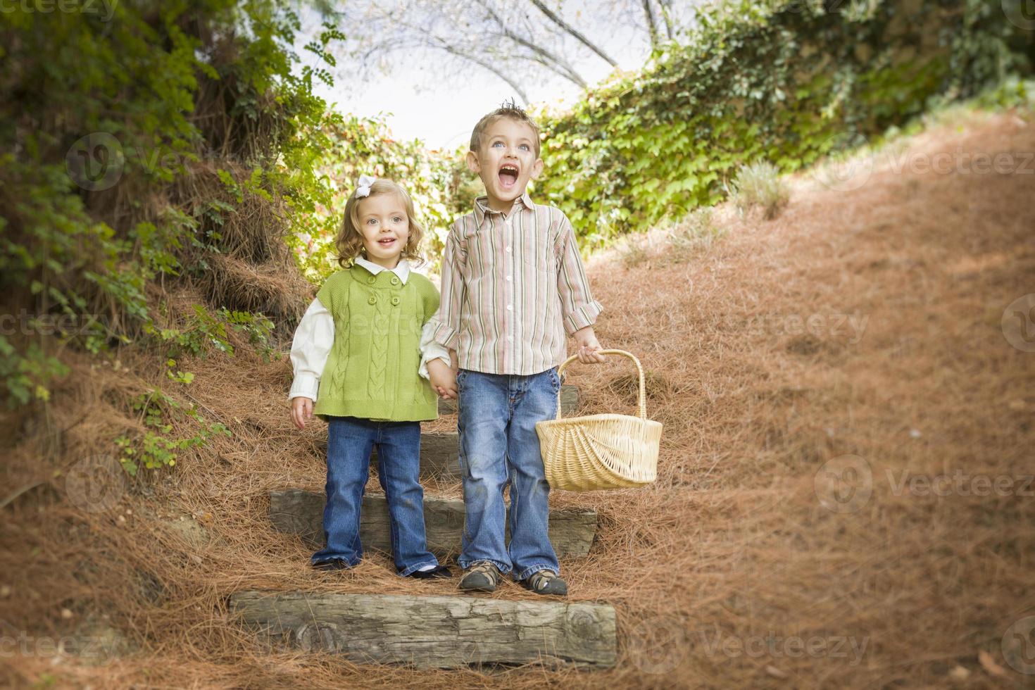 dos niños bajando escalones de madera con una cesta afuera. foto