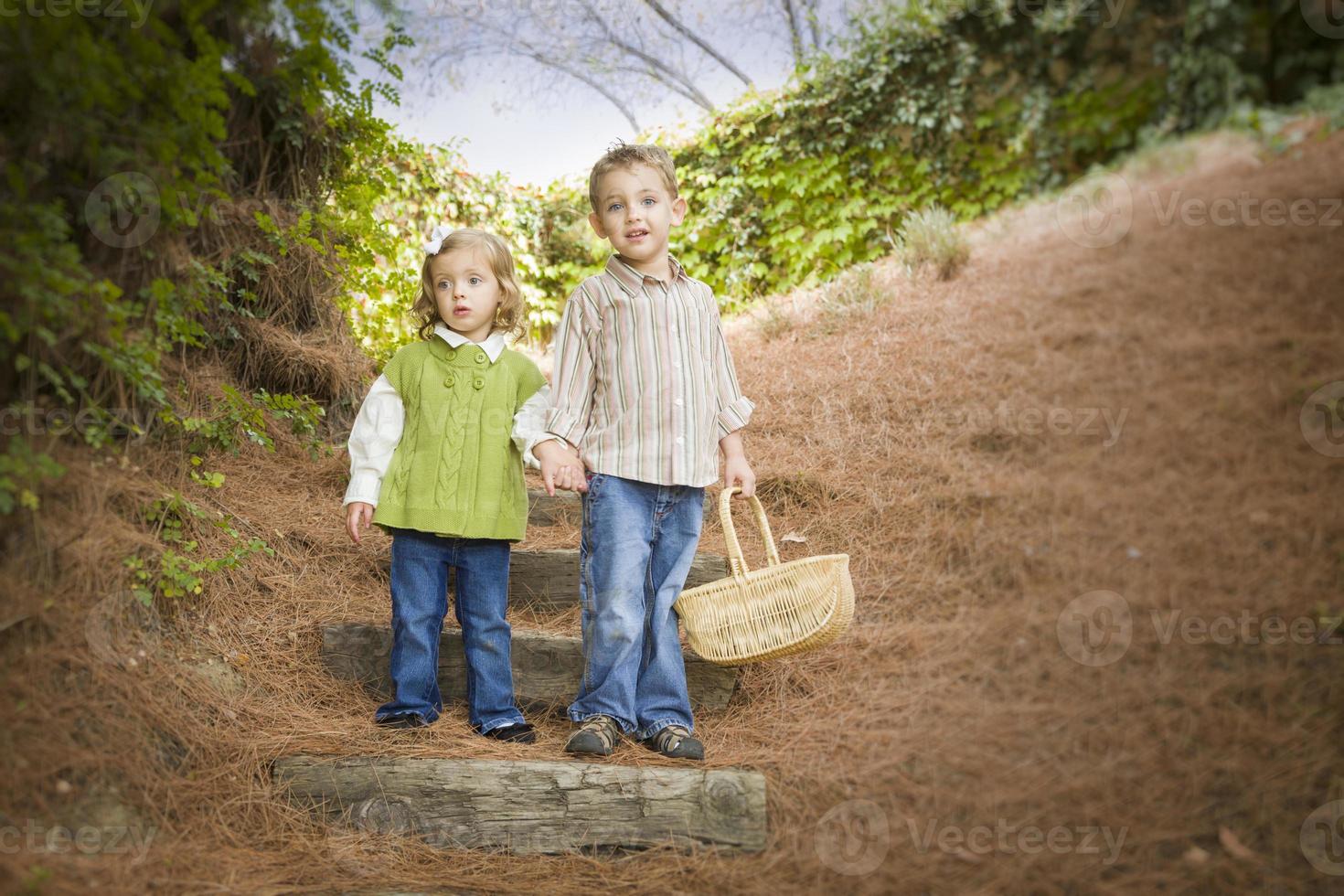 Two Children Walking Down Wood Steps with Basket Outside. photo