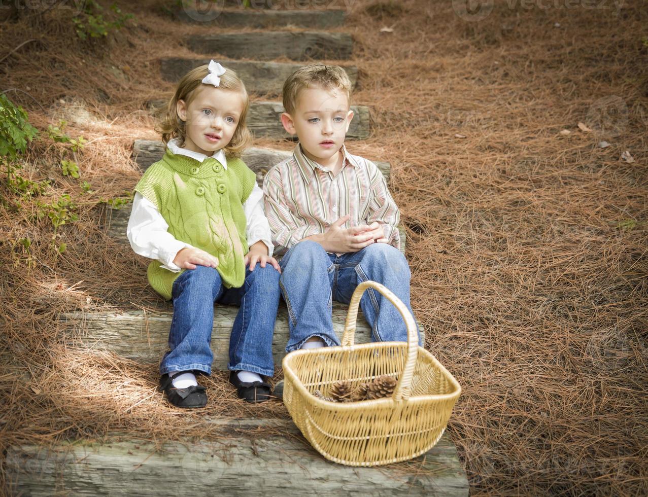 dos niños en escalones de madera con cesta de piñas foto