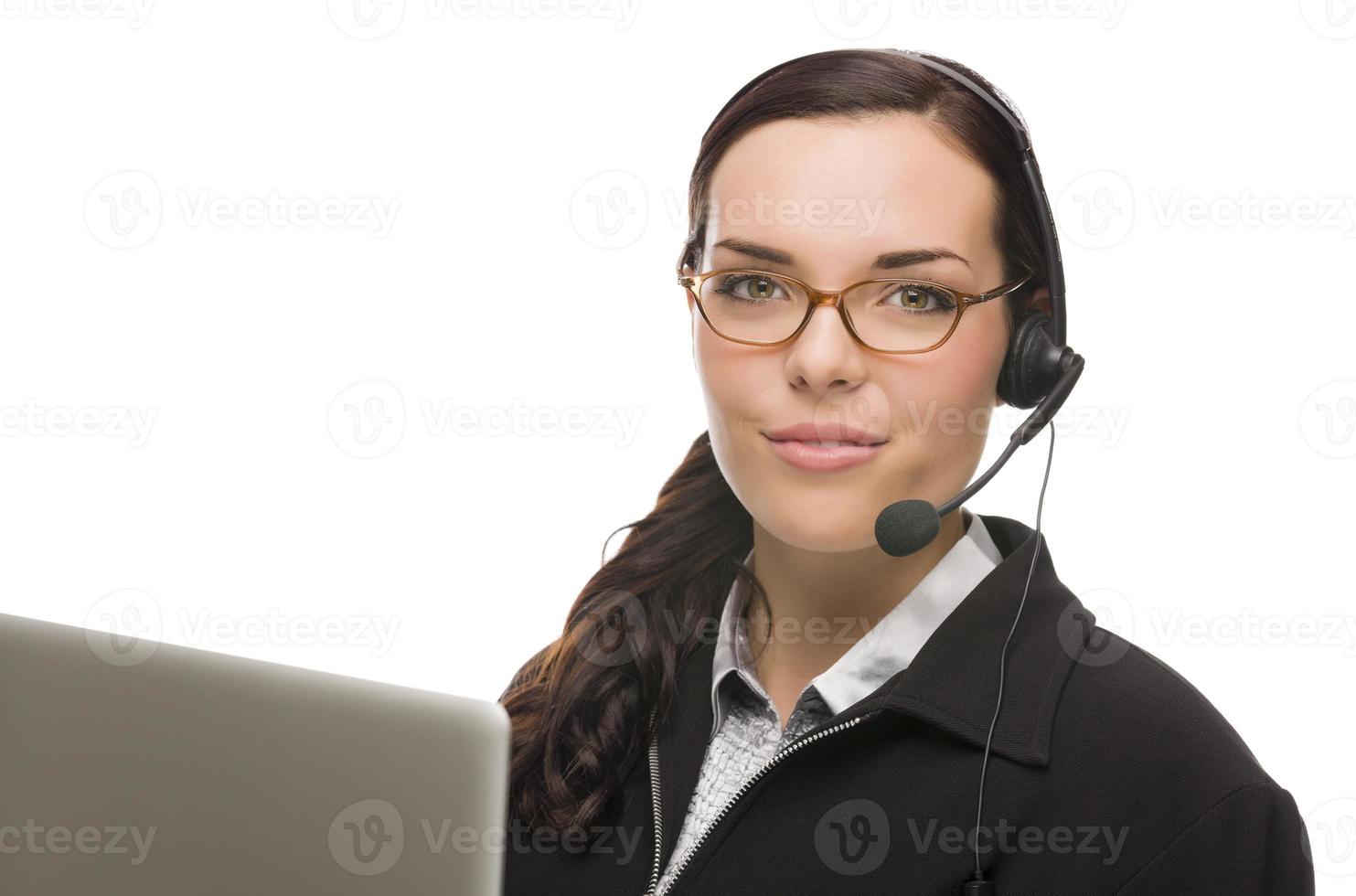 Mixed Race Receptionist In Front of Computer Wearing Phone Head-set photo