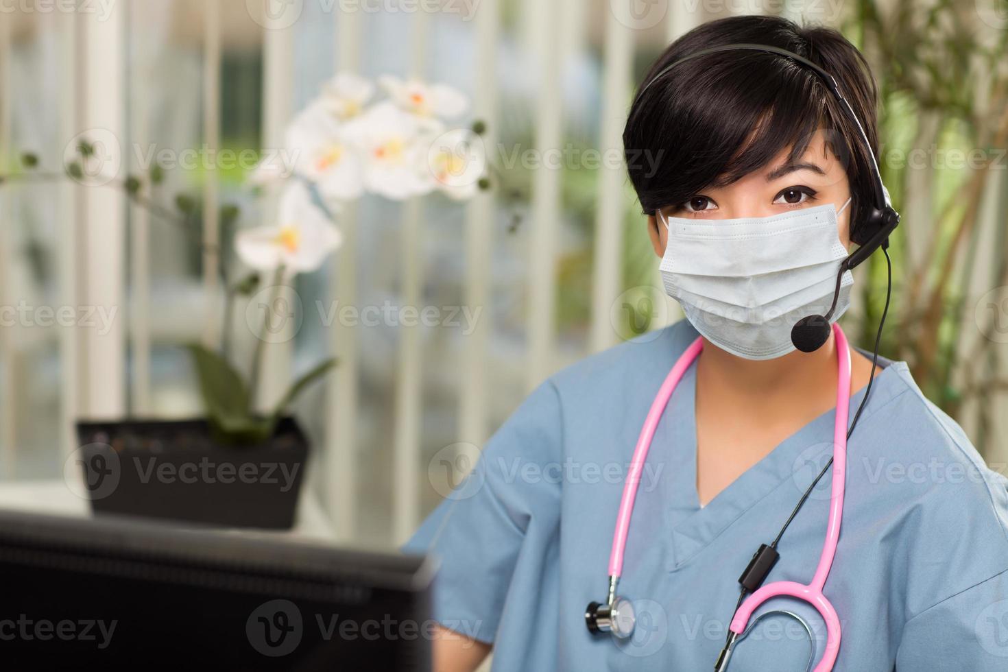 Nurse At Office Desk Wearing Medical Face Mask photo