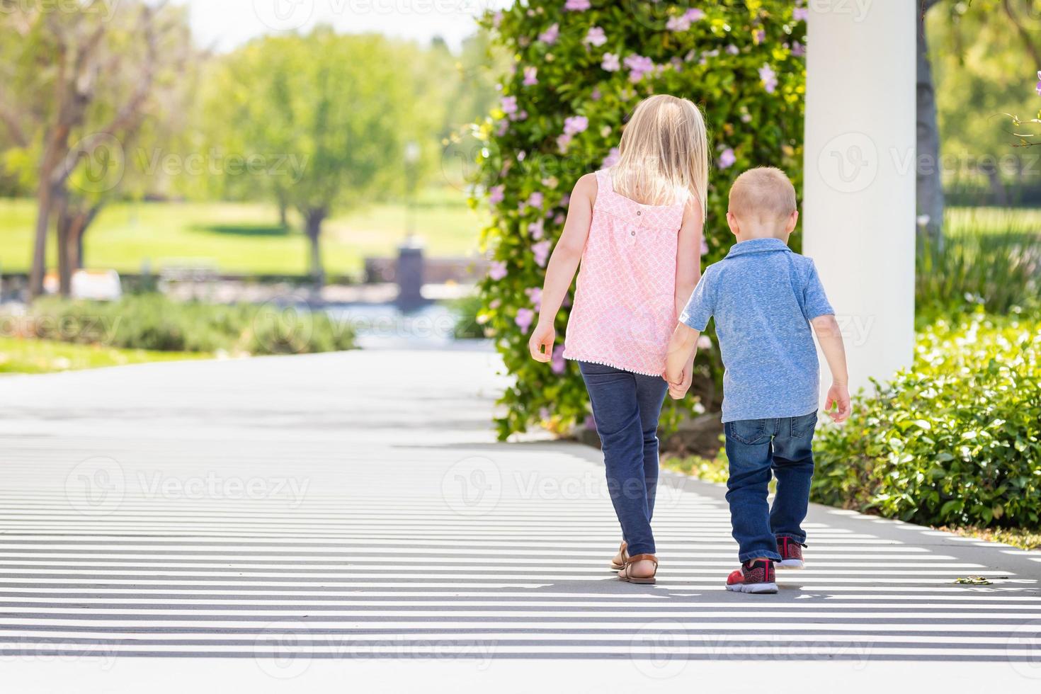 Young Sister and Brother Holding Hands And Walking At The Park photo