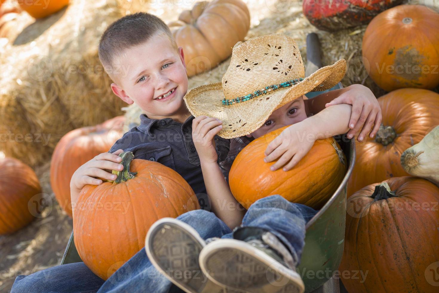 Two Little Boys Playing in Wheelbarrow at the Pumpkin Patch photo