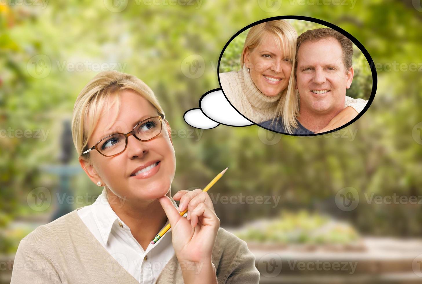 Thoughtful Young Woman with Herself and Man in Thought Bubble. photo