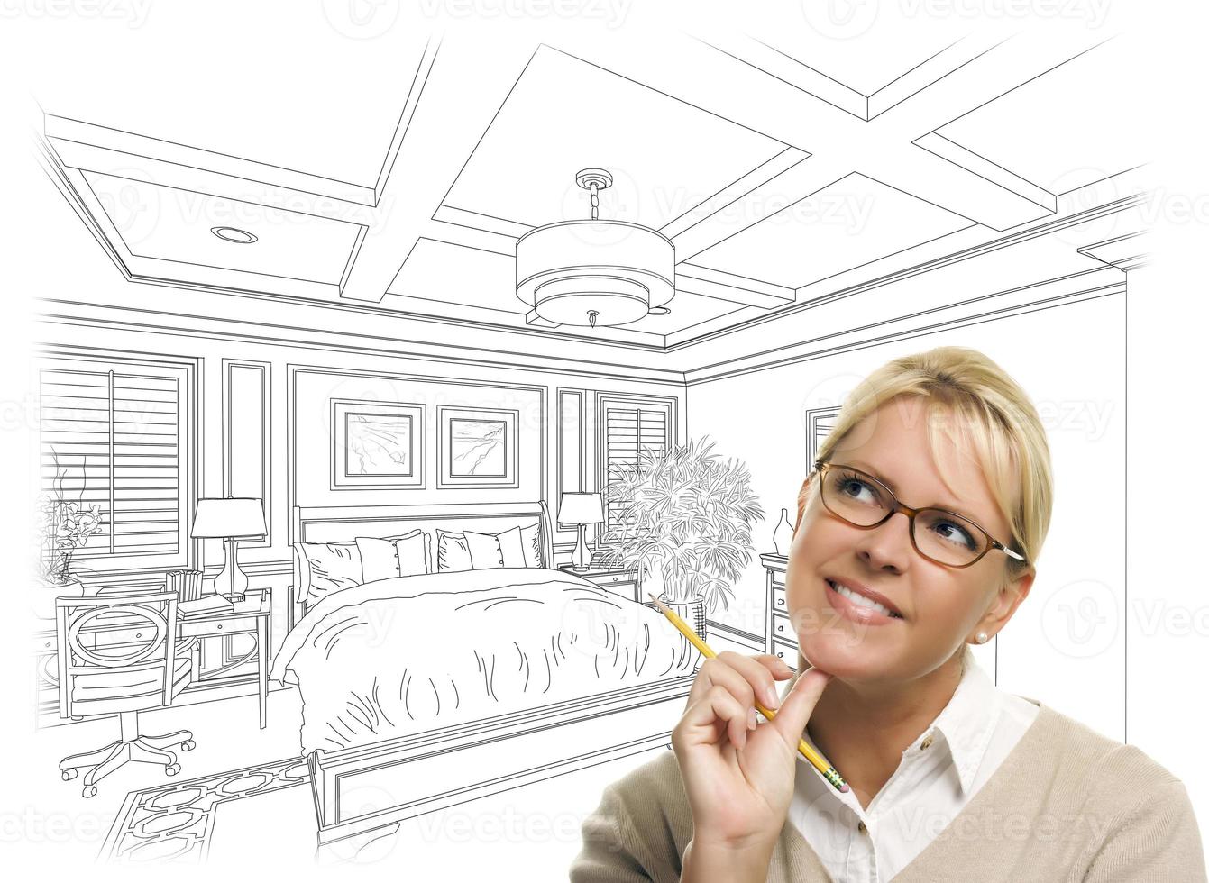 Woman With Pencil Over Bedroom Design Drawing and Photo Combination