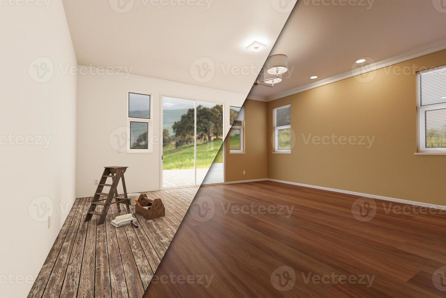 Unfinished Raw and Newly Remodeled Room of House Before and After with Wood Floors, Moulding, Tan Paint and Ceiling Lights. photo