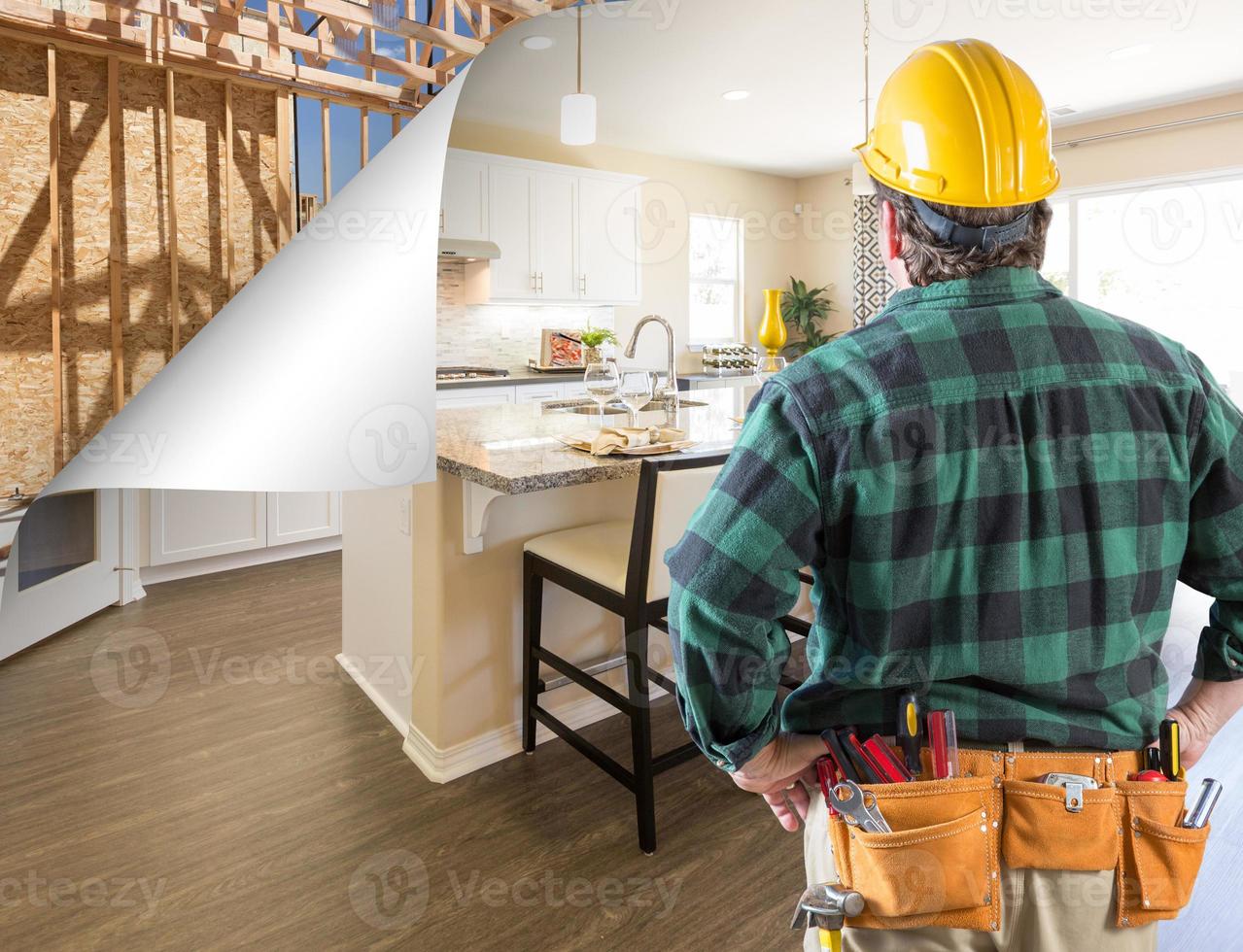 Contractor Facing Custom Kitchen with Page Corner Flipping to Construction Framing photo