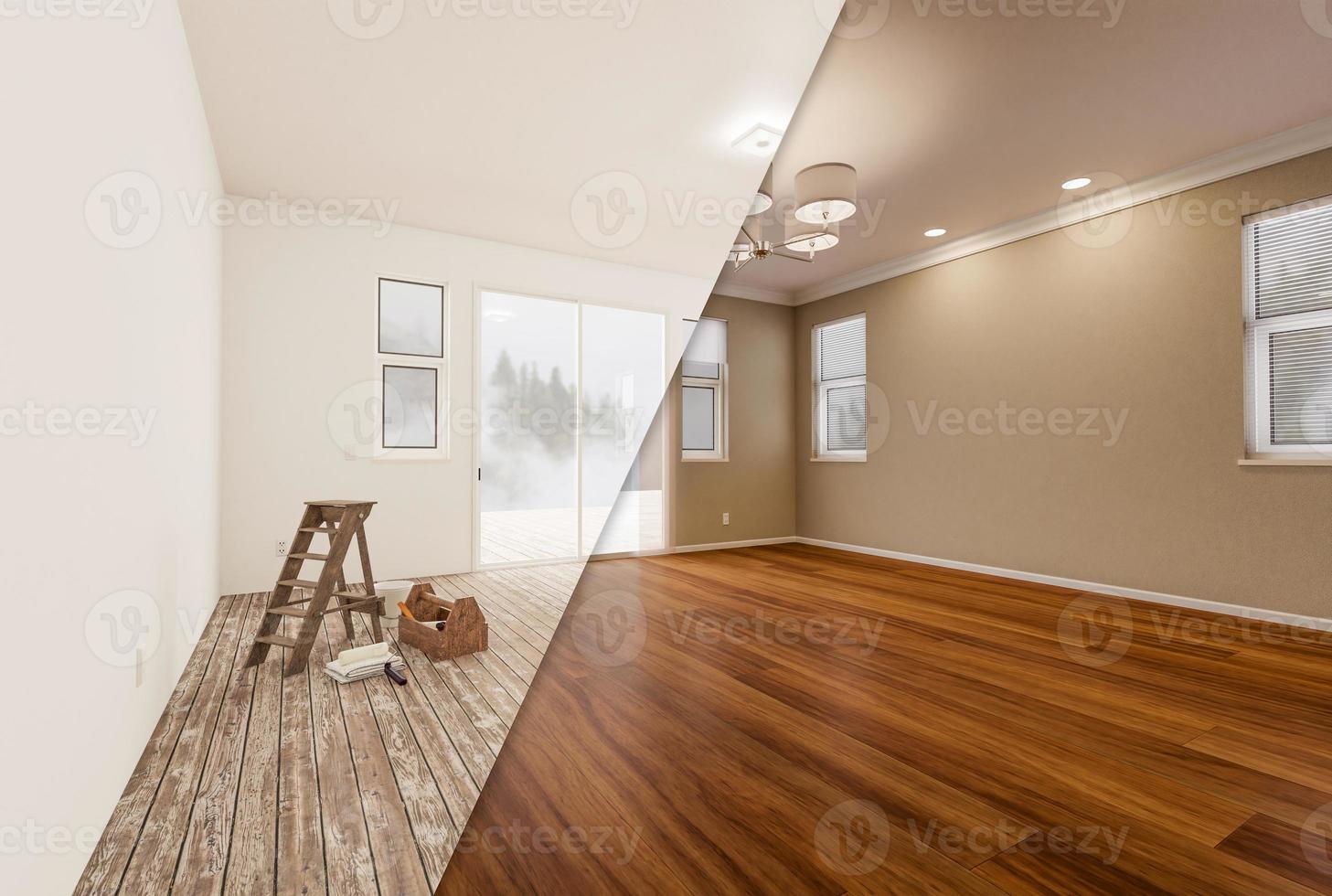 Unfinished Raw and Newly Remodeled Room of House Before and After with Wood Floors, Moulding, Tan Paint and Ceiling Lights. photo