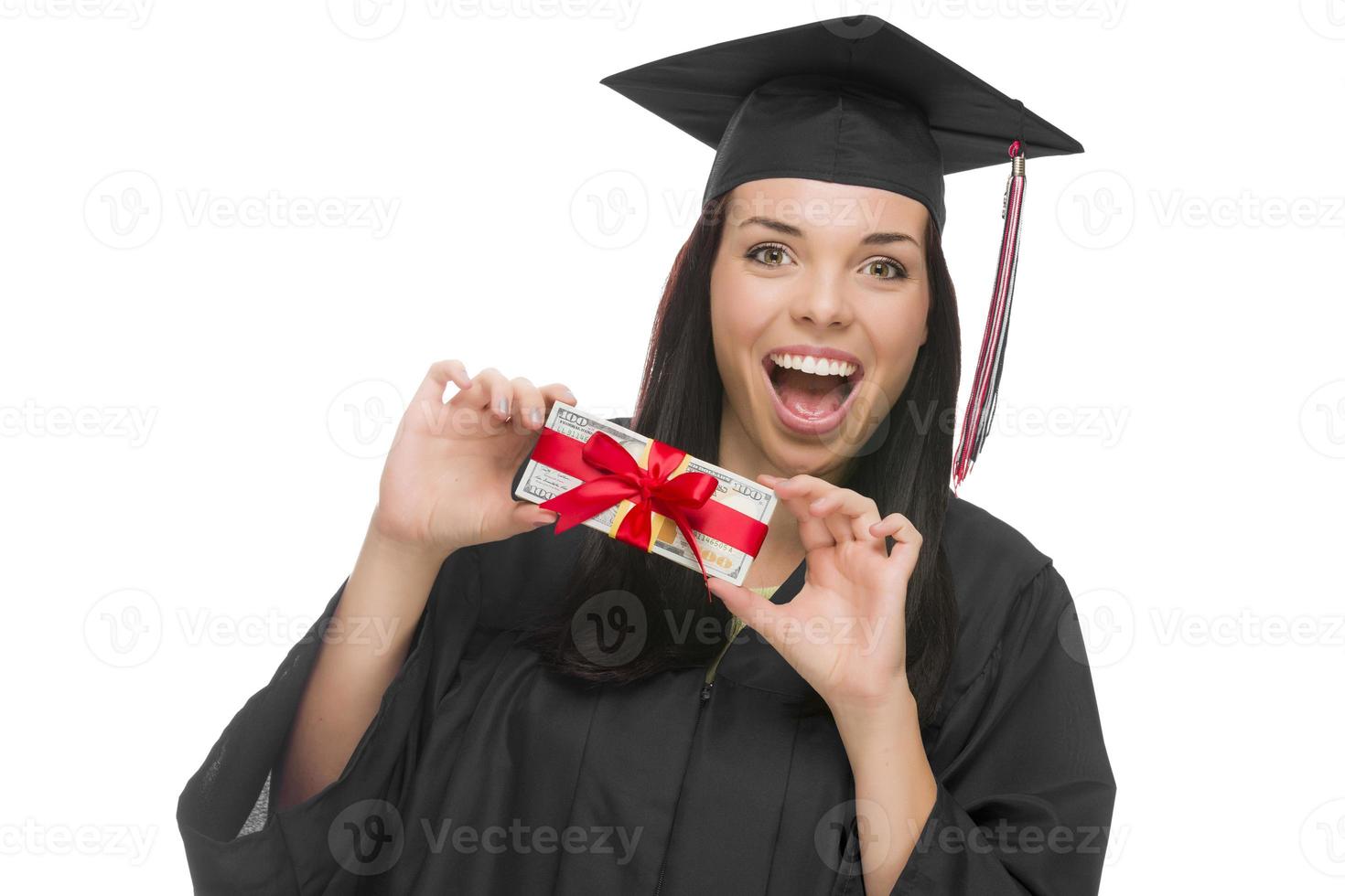 Female Graduate Holding Stack of Gift Wrapped Hundred Dollar Bills photo