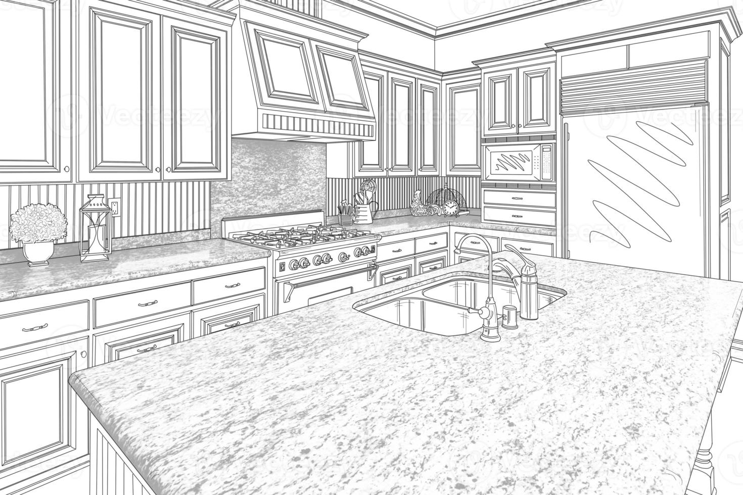 Black Custom Kitchen Design Drawing on White photo