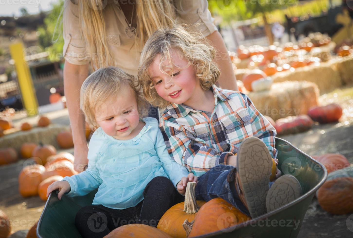 familia joven disfruta de un día en el huerto de calabazas foto