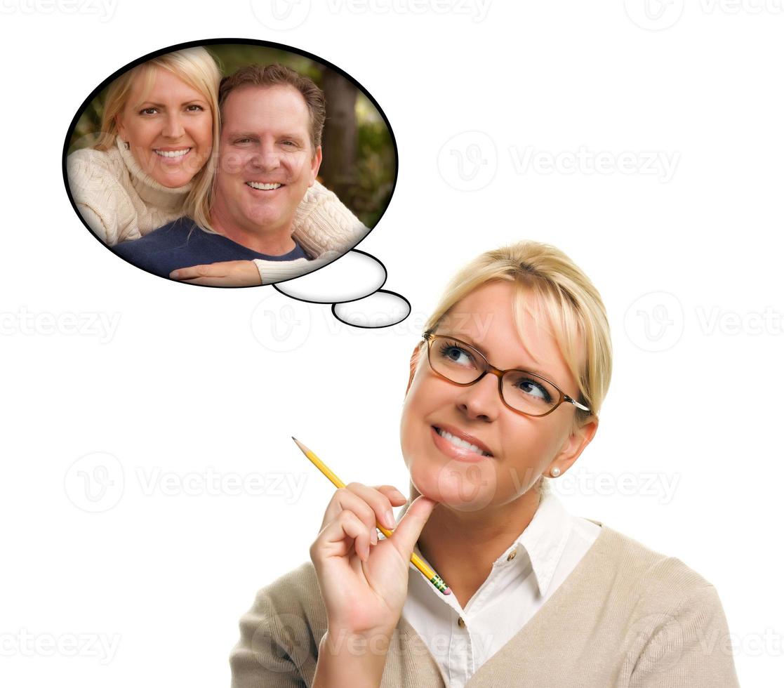 Beautiful Woman with Thought Bubbles of Herself and A Guy photo