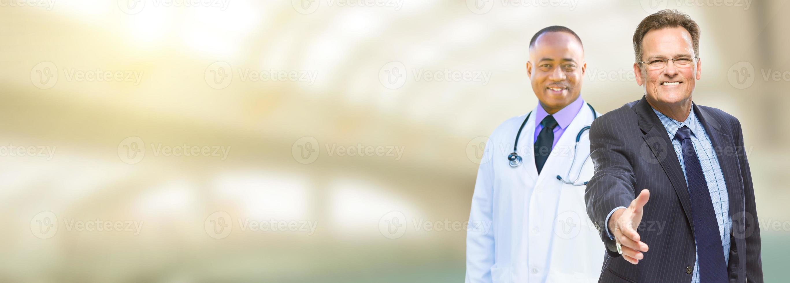 Caucasian Businessman and African American Male Doctor, Nurse or Pharmacist with Room For Text. photo